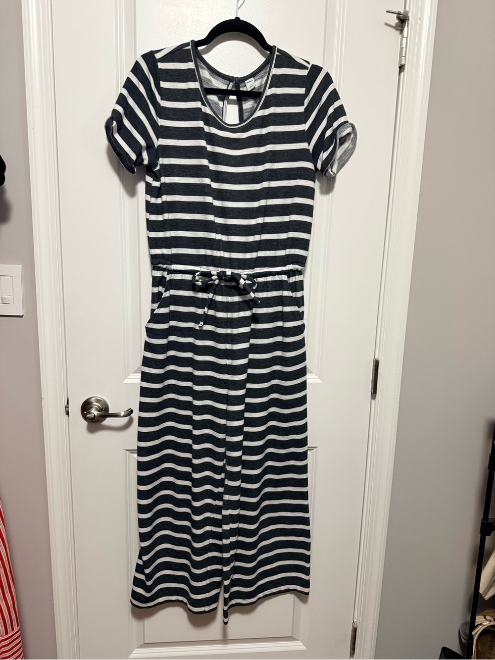 Old Navy Dark Grey & White Striped Short-Sleeve Jumpsuit